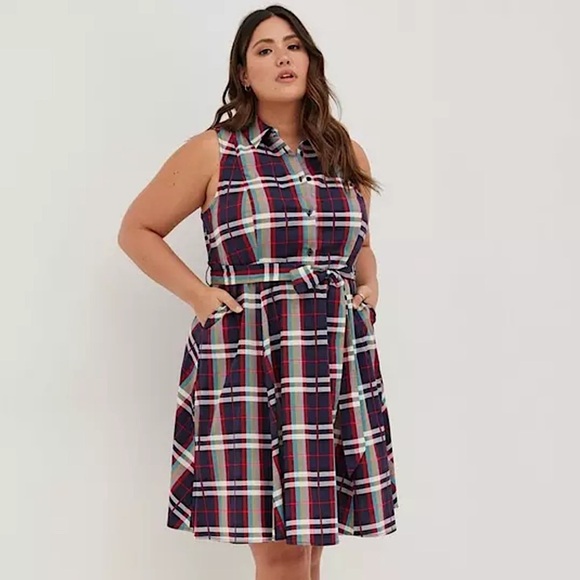 Torrid Poplin Collared Shirt Dress Tie Waist Plaid Multi 1X - Picture 1 of 10